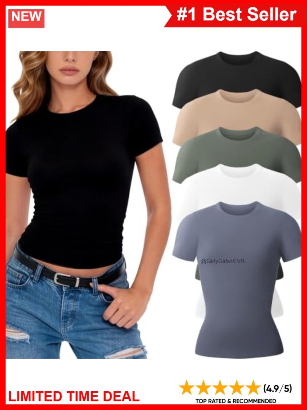 Womens 3/5 Pack Short Sleeve Crew Neck Fitted T-Shirts
